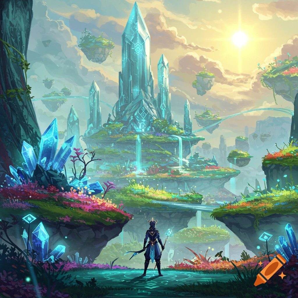 A lone figure stands before a glowing crystal city on floating islands, surrounded by lush flora under a bright sky, in a vibrant fantasy world.