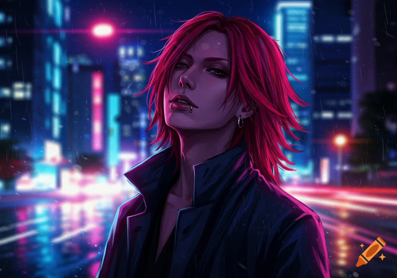 A young Japanese man with crimson red hair and a lip piercing in dark clothing stands against a rainy cyberpunk city night, anime style.