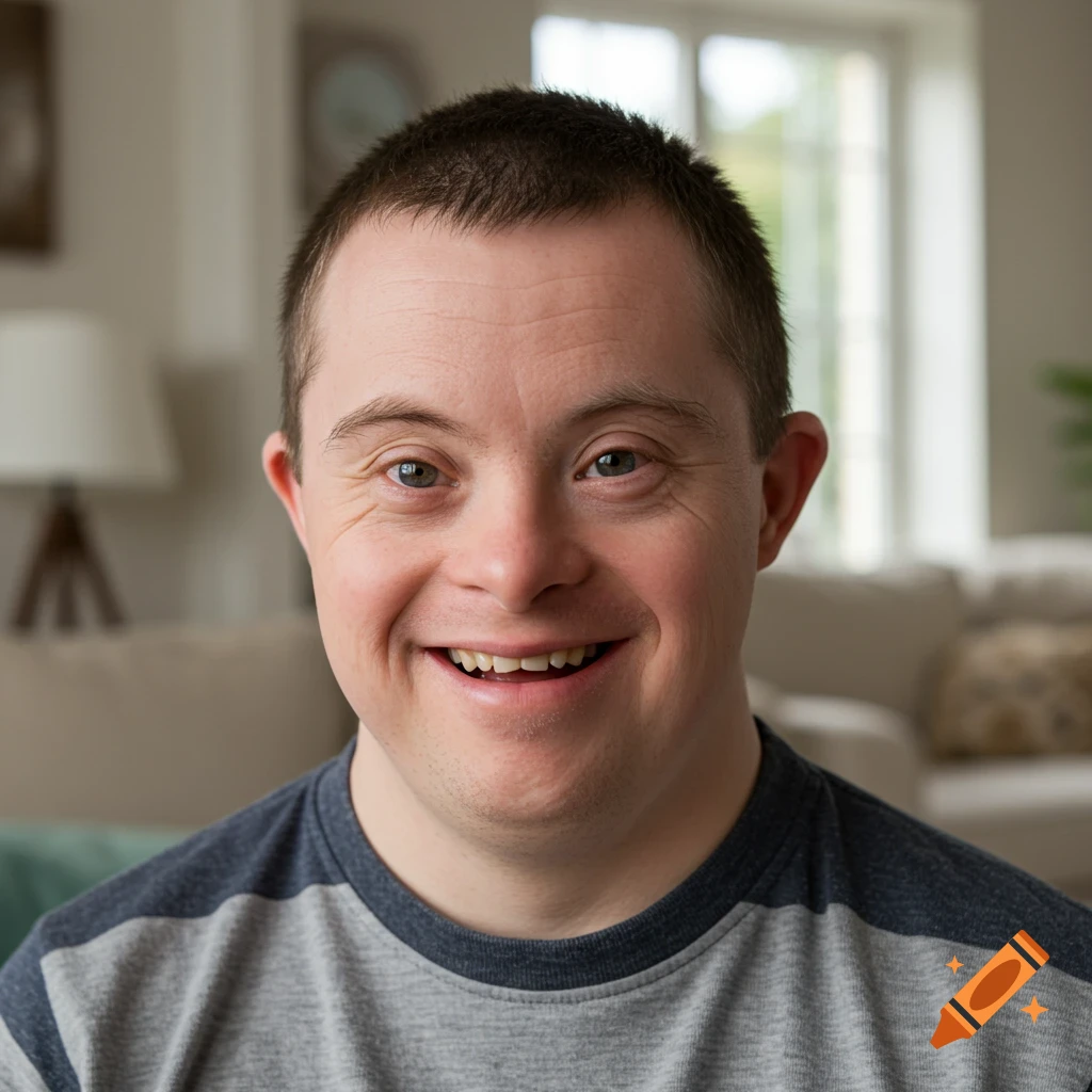 Close-up photorealistic portrait of a smiling man with Down syndrome.