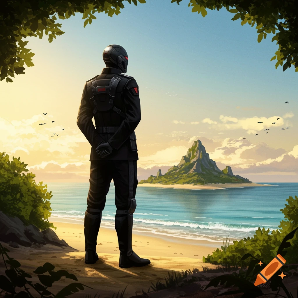 An animated elite soldier in a black uniform stands on a sandy beach, looking out at a lush, rocky island in the ocean under a clear sky.
