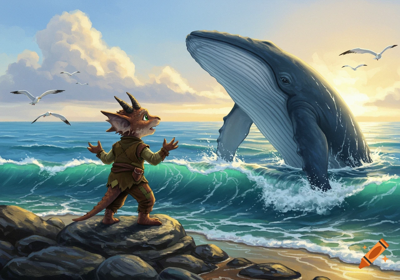 A small, horned kobold stands on rocks, looking up at a blue whale breaching from a vibrant ocean at sunset.