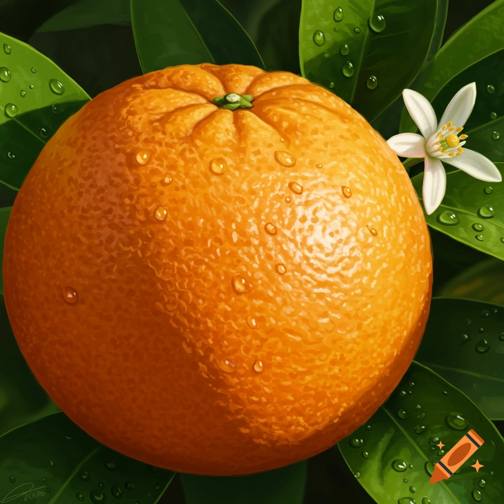 A close-up of a vibrant orange fruit with water droplets, surrounded by lush green leaves and a white flower.