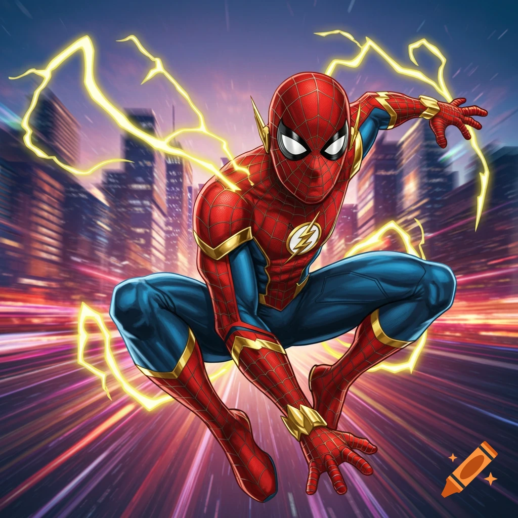 Spider-Man fused with The Flash crouching with lightning in a city background, comic art style.