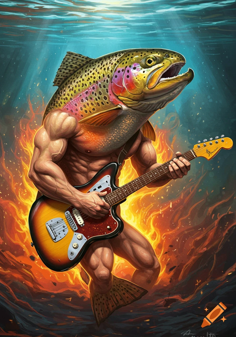 A muscular humanoid with a rainbow trout head and tail plays an electric guitar surrounded by flames underwater.