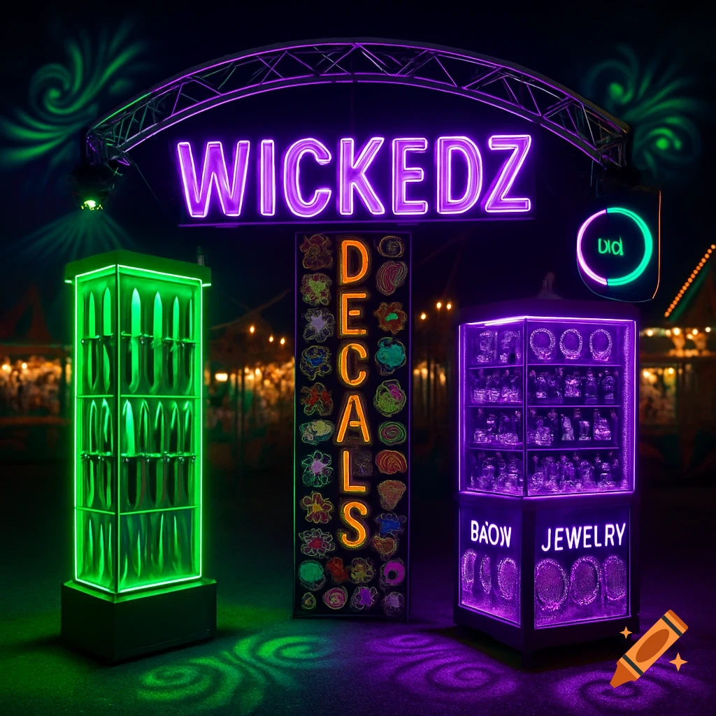 A night time carnival scene with neon-lit display cases for knives and jewelry, and a large sign above them that reads "WICKEDZ" in purple neon.