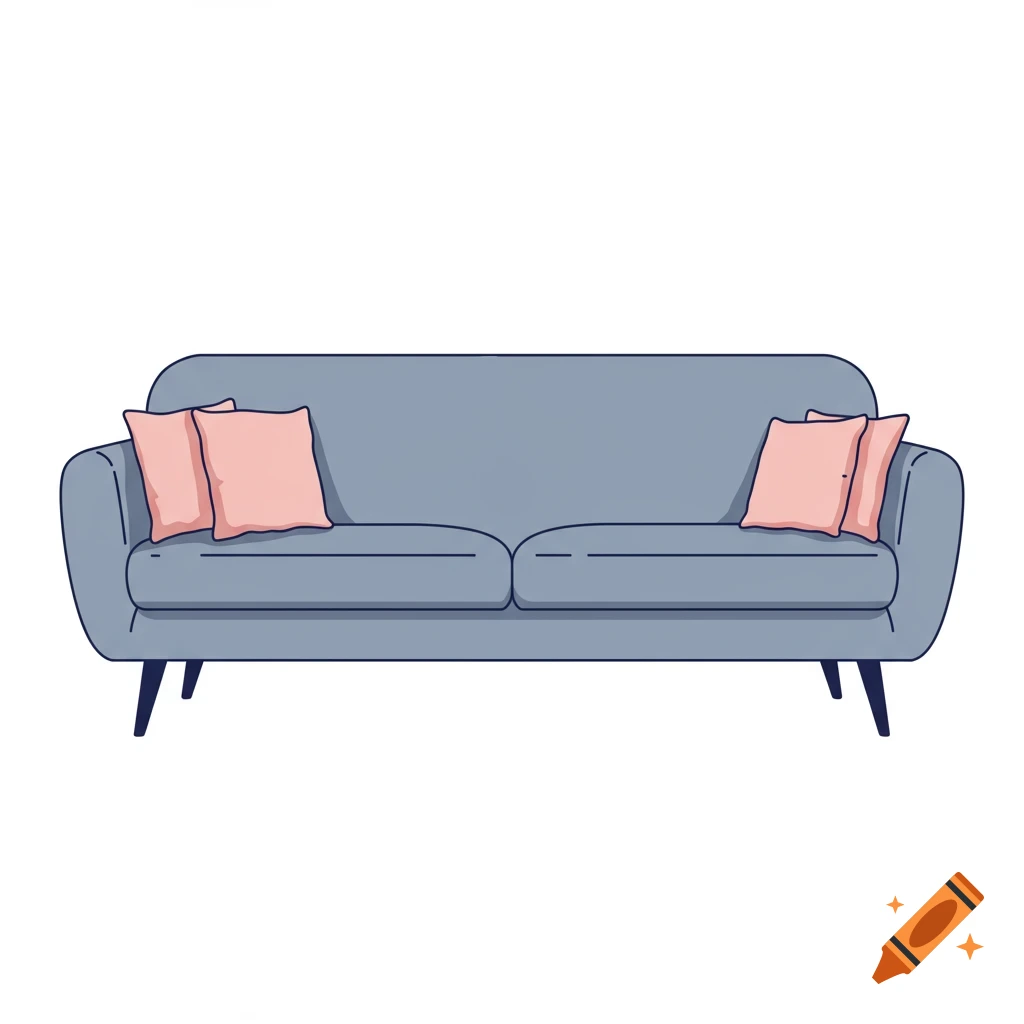 Minimalist modern grey couch with pink cushions, cartoon drawing on white background.