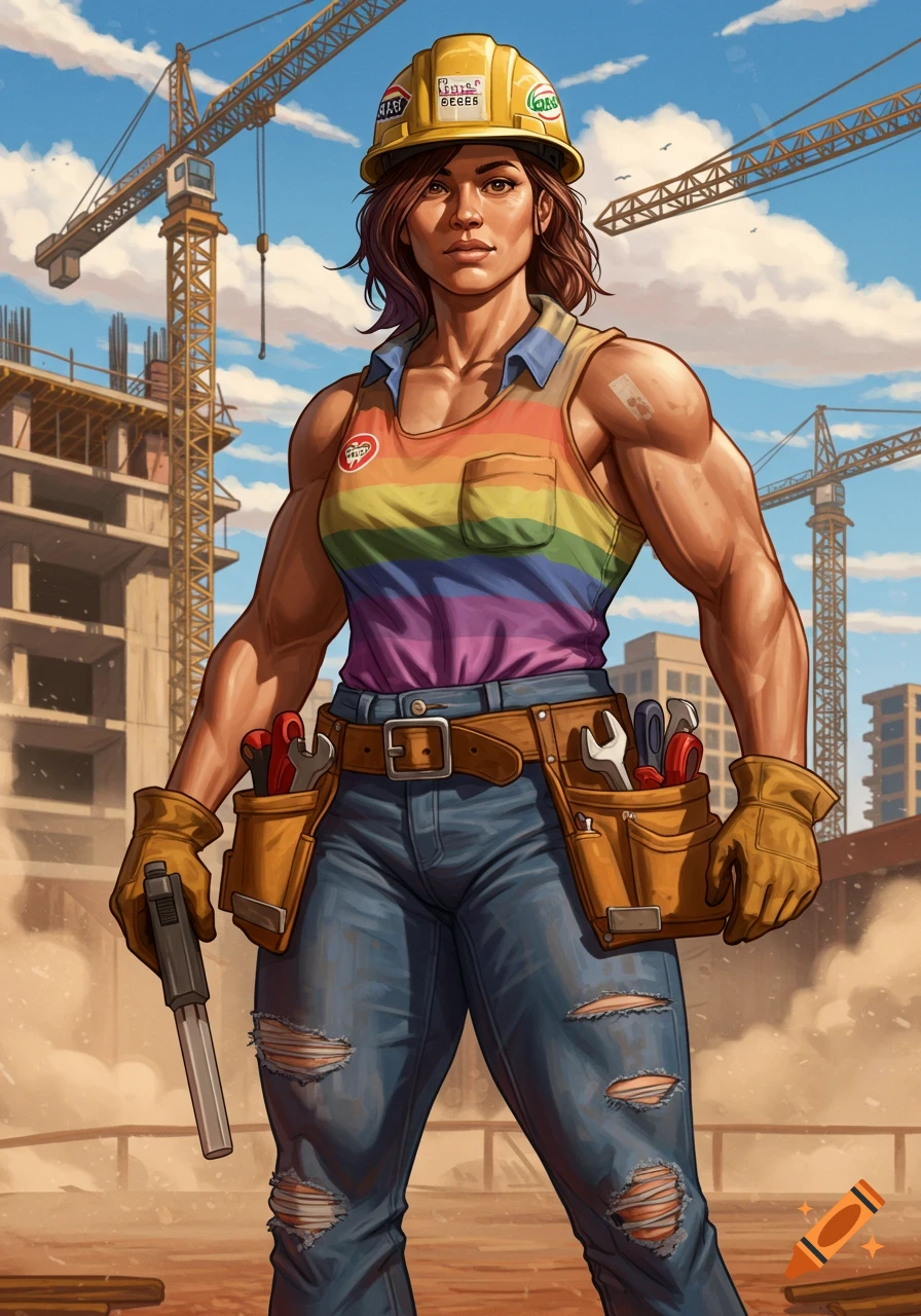 A muscular woman in a hard hat, rainbow tank top, and work jeans stands at a construction site, holding a pistol.