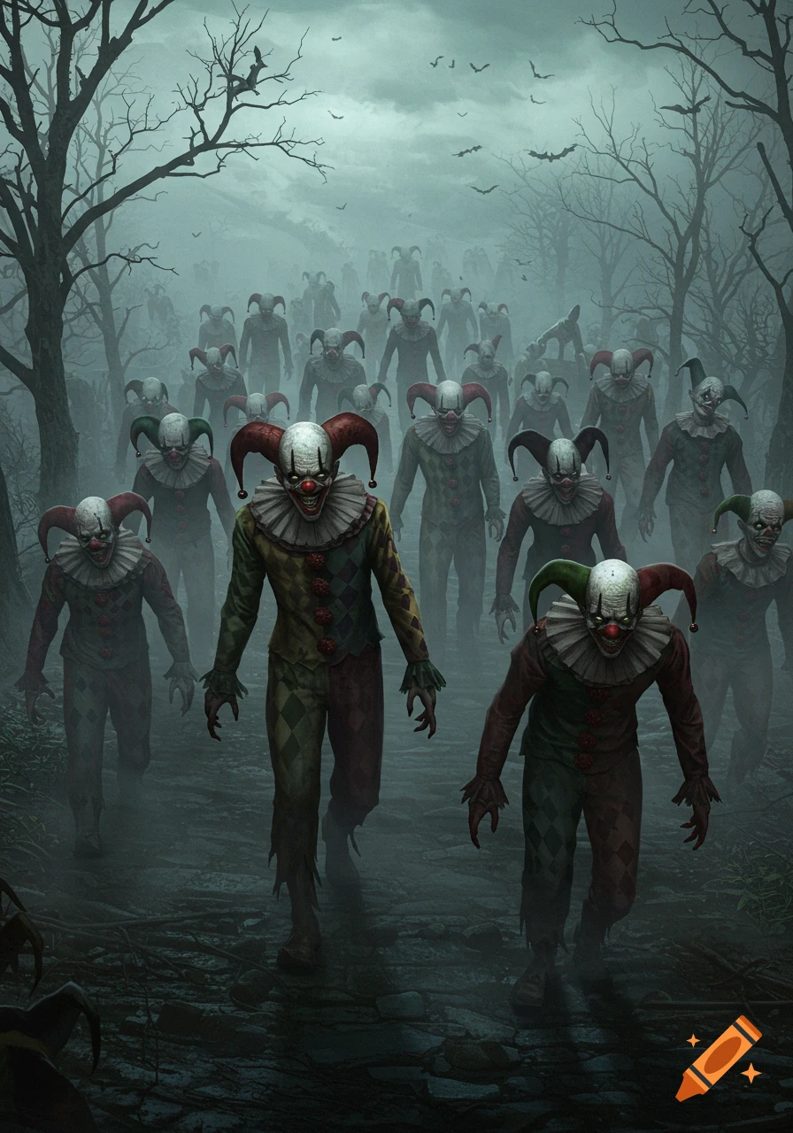 An army of grotesque, menacing clowns with sharp teeth and jester hats marches through a foggy, spooky forest.