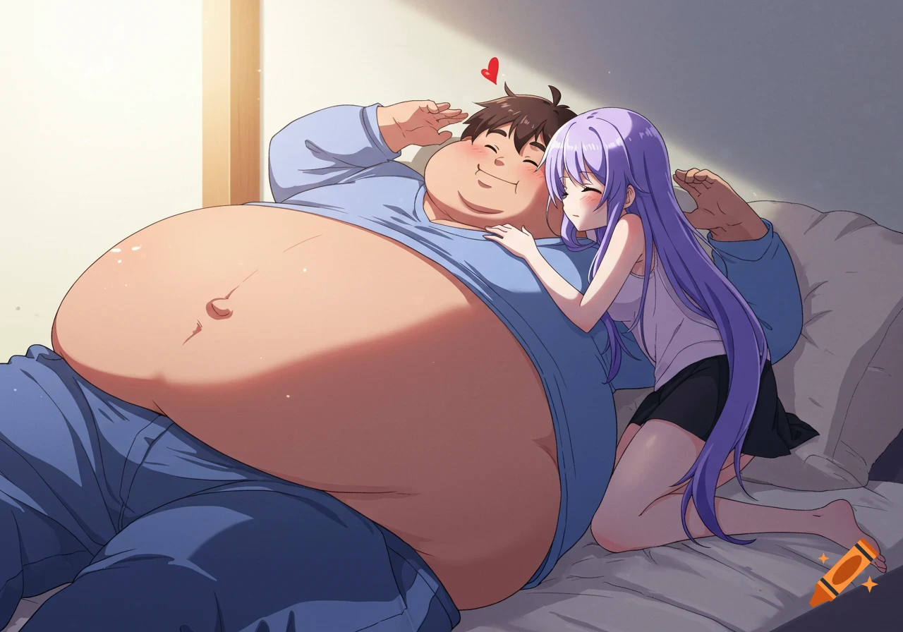 Anime man with a very large belly lying in bed, smiling, with a smaller anime woman affectionately leaning against his side.