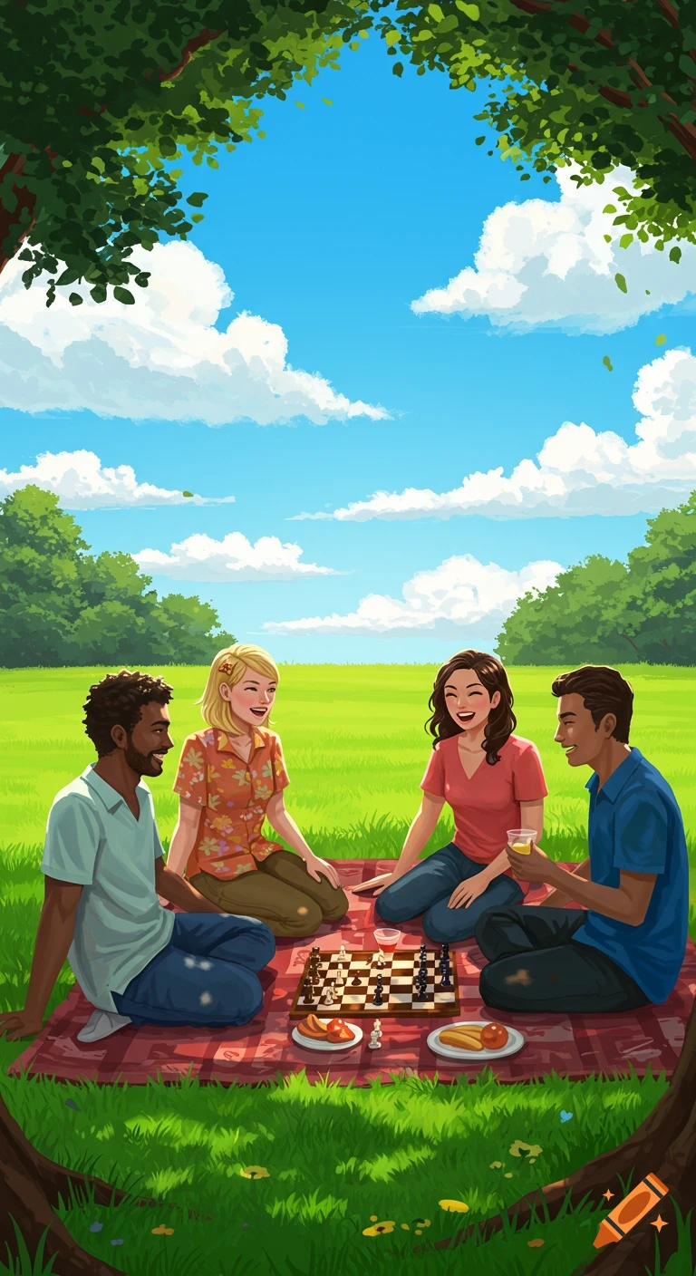 Illustrated scene of two happy couples having a picnic in a sunny green field, playing chess on a red blanket under trees.