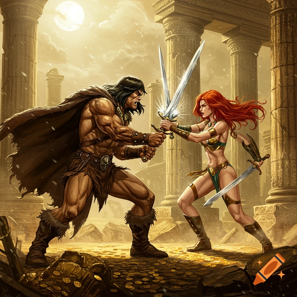 Conan the Barbarian and Red Sonja in battle, clashing swords amidst ancient ruins and scattered gold.