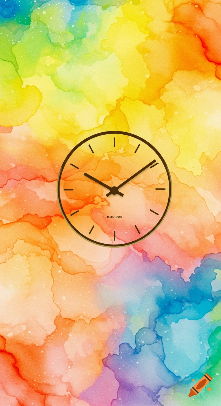 An abstract watercolor background with vibrant, happy spring and summer colors, featuring a simple black clock face with hands and markings.