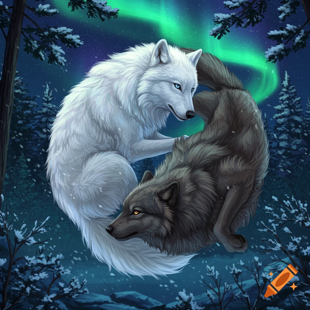 A white wolf and a dark wolf are intertwined like a yin-yang symbol in a snowy forest under the green aurora borealis.