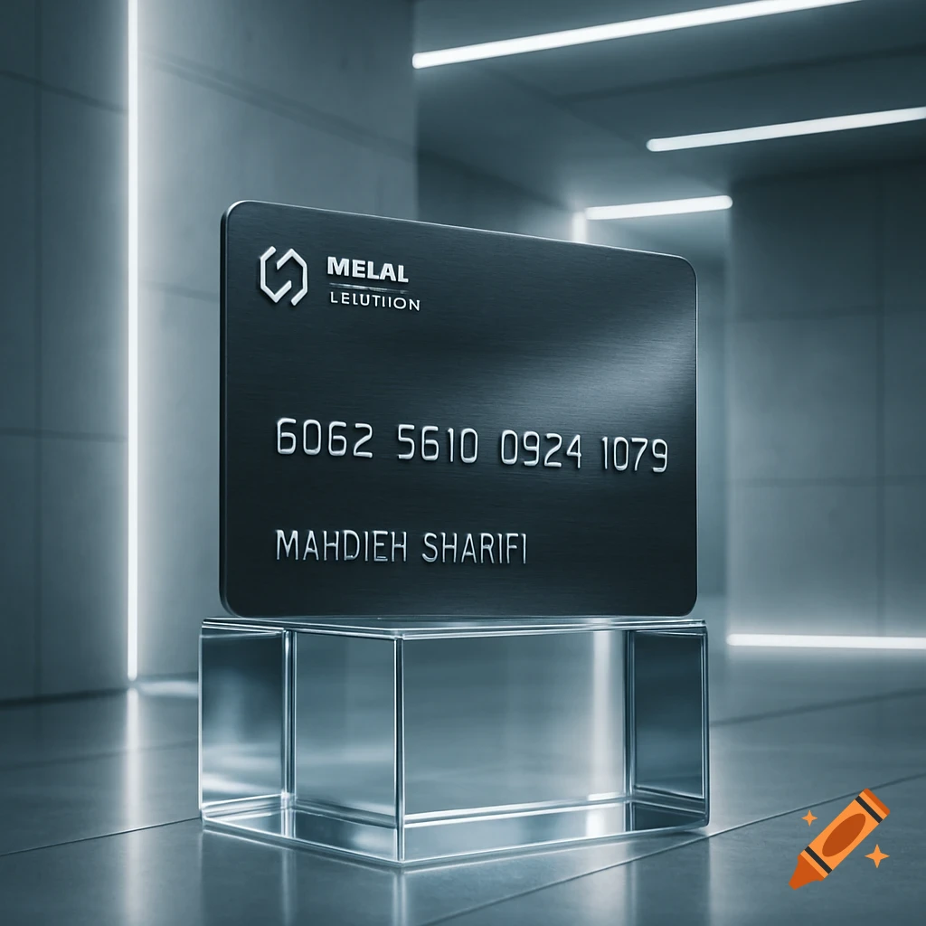 A sleek, dark gray digital bank card with silver numbers and text, displayed on a clear glass stand in a modern, minimalist setting.