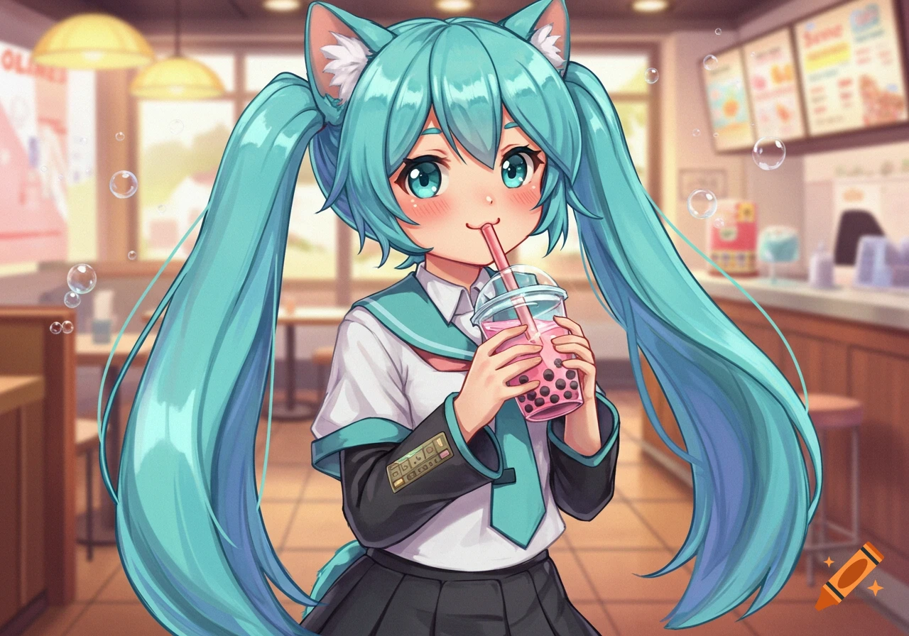 Kawaii anime catgirl with long teal pigtails sips pink boba tea in a cafe.