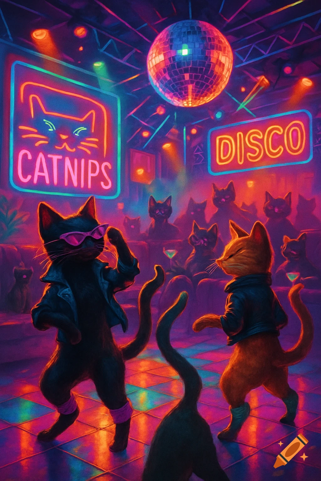 Neon art of cats dancing in an 80s style disco nightclub with a sign reading 'CATNIPS' and a disco ball.