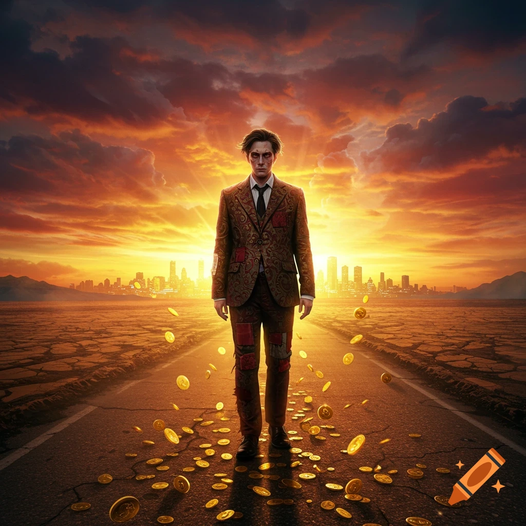 A man in a tattered suit walks on a cracked road strewn with gold coins towards a distant city skyline under a dramatic orange sunset.