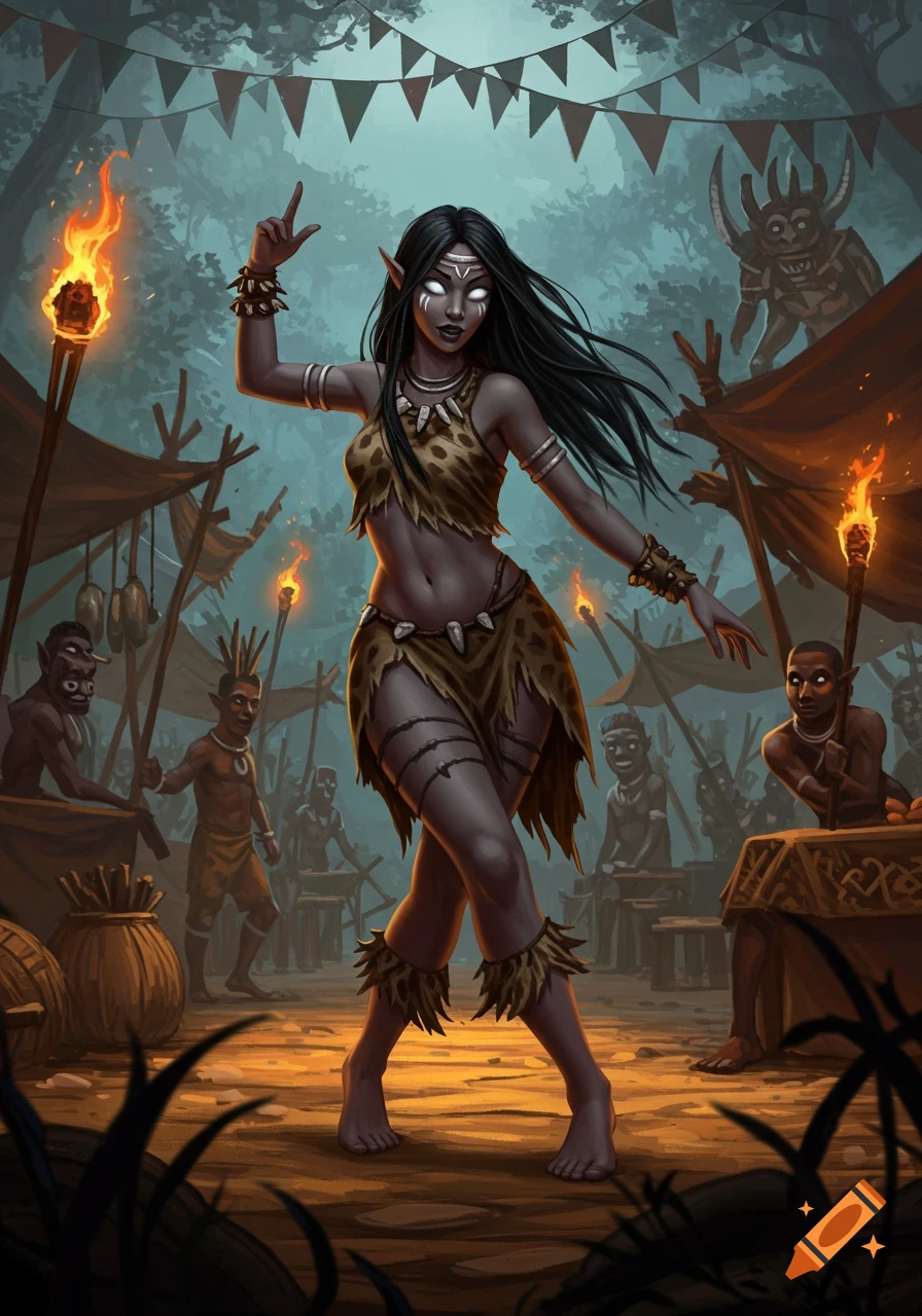 A dark-skinned, white-eyed elf in a leopard print prehistoric outfit dances at a torch-lit jungle carnival with tribal figures.