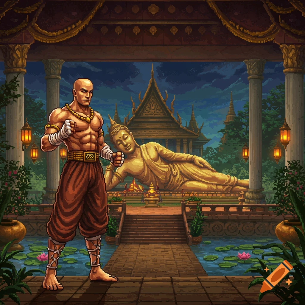 A muscular Muay Thai fighter stands in a pixel art temple courtyard with a large golden reclining Buddha statue behind him.