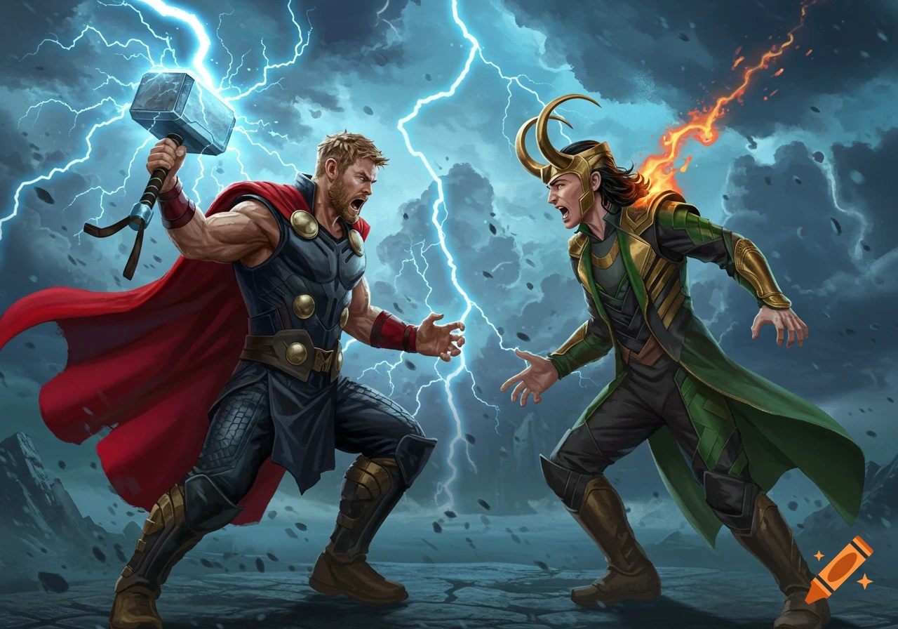 Thor with Mjolnir and Loki with fire engage in an epic battle, surrounded by lightning.