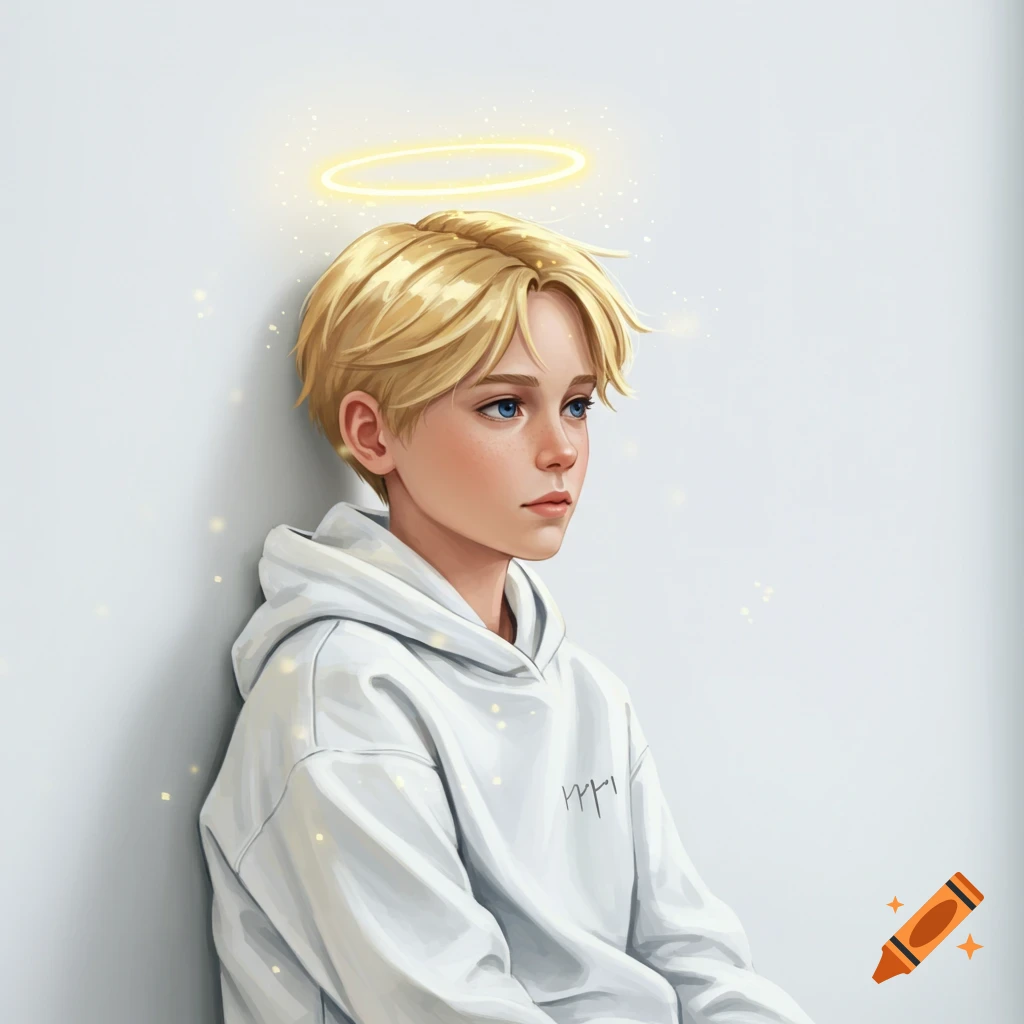A blonde boy with blue eyes and a glowing halo above his head, wearing a white hoodie, leans against a white wall.