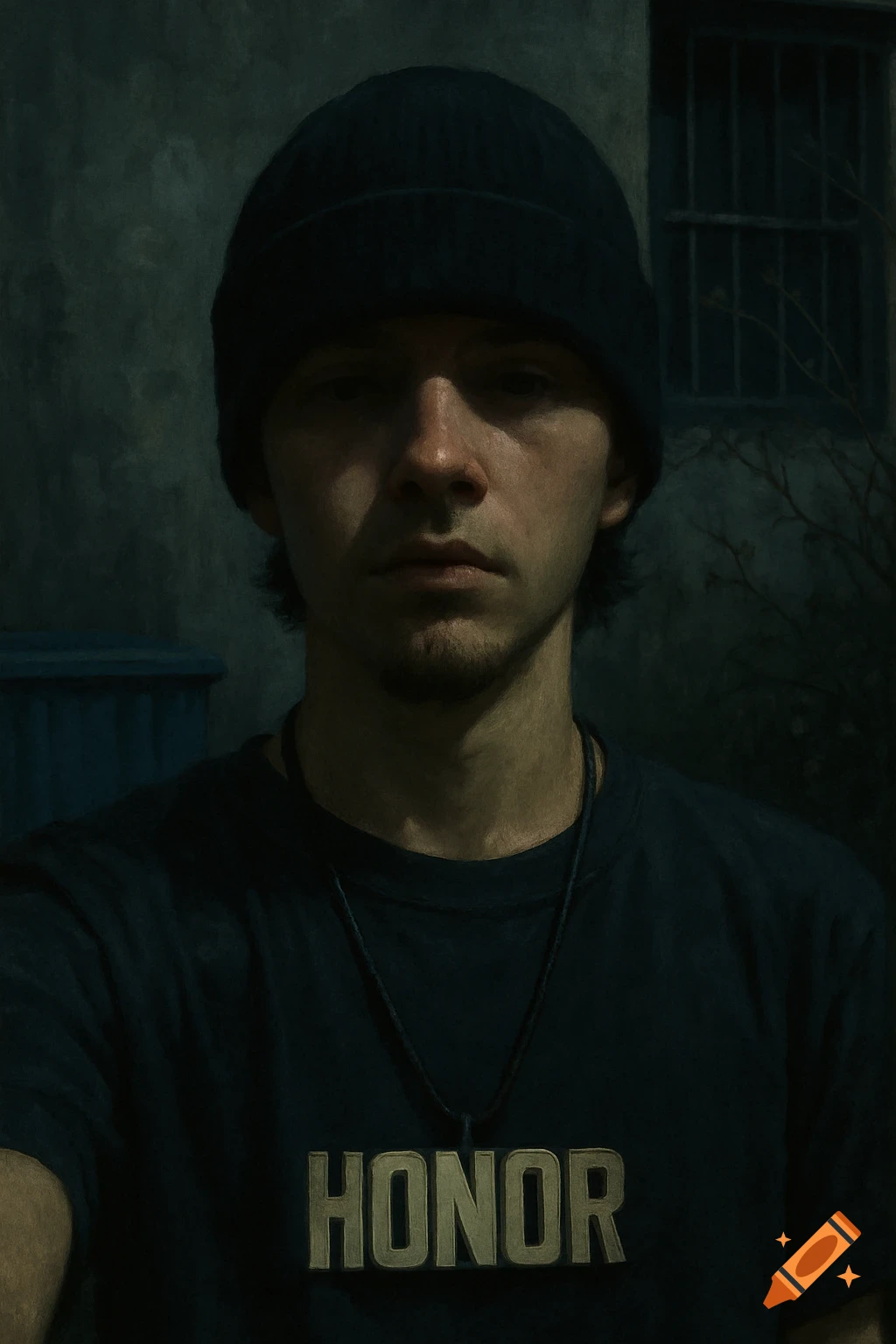 A young man in a black beanie and dark t-shirt with 'HONOR' text, in a dimly lit, photorealistic portrait against an urban background.