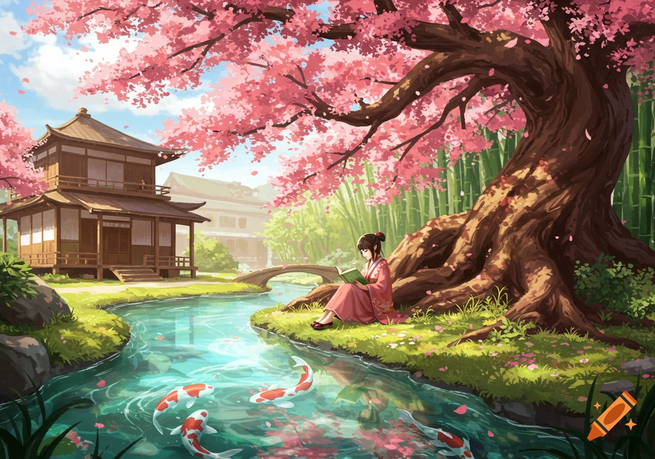 Anime illustration of a Japanese girl reading under a cherry blossom tree by a stream with koi fish, a traditional house nearby.