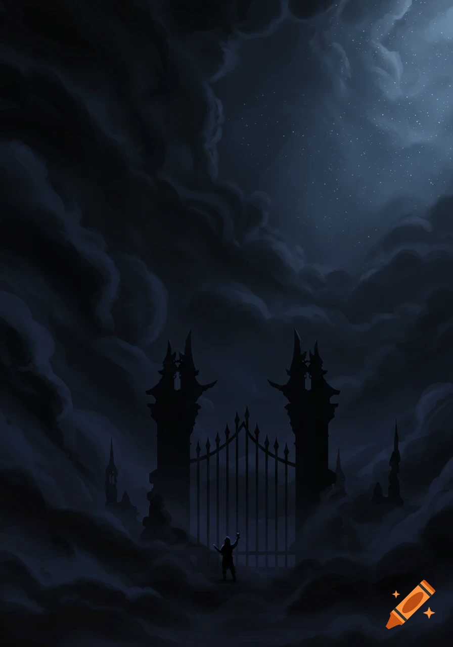 A lone figure stands before a grand, gothic gate shrouded in dark, smoky clouds under a starry night sky. The scene is dark and mysterious.