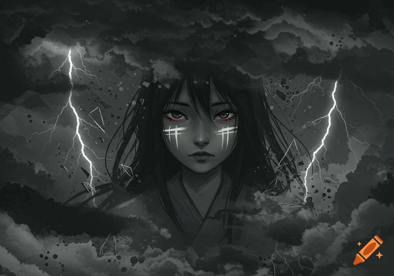 Anime-style portrait of a dark-haired woman with white face paint amidst a stormy, lightning-filled sky.