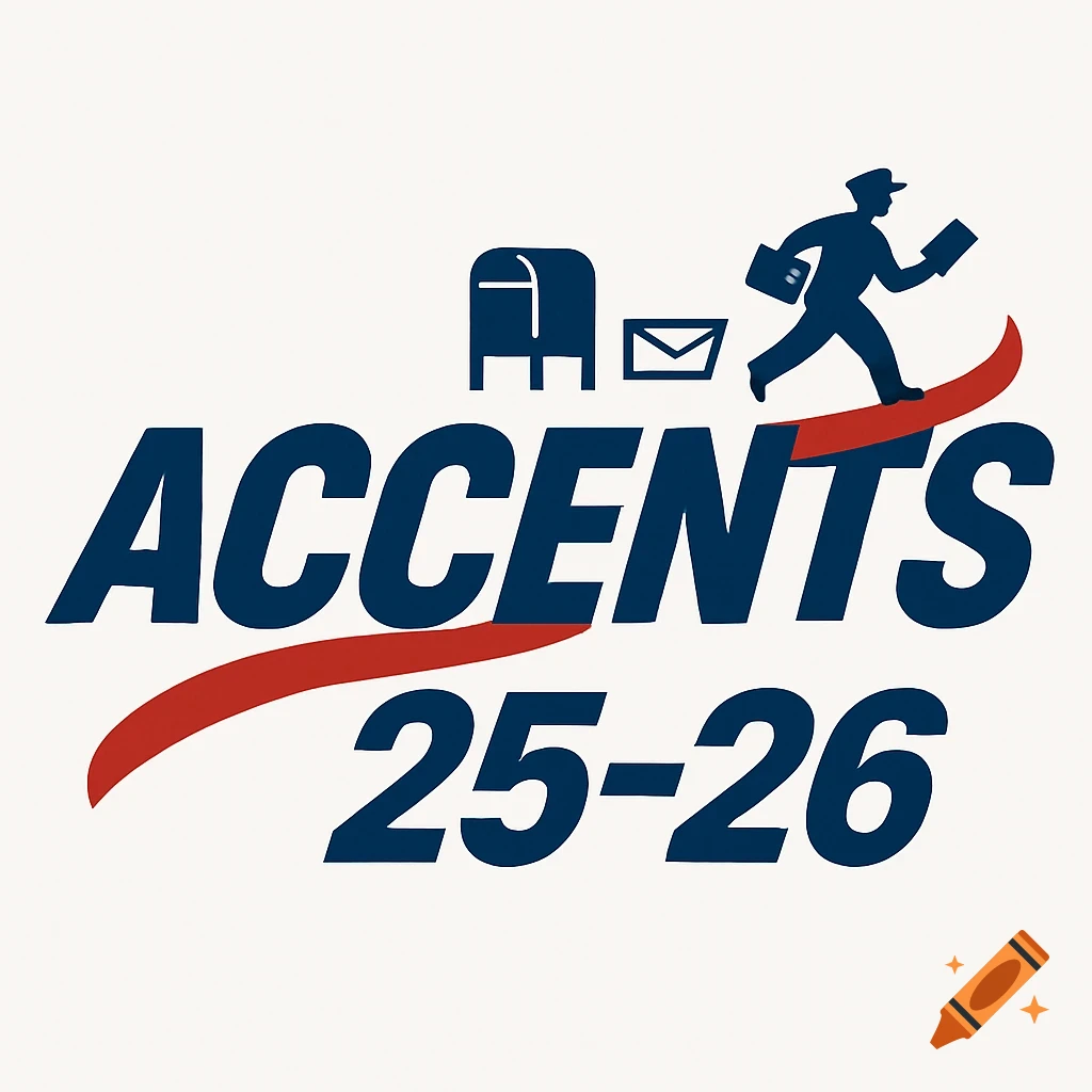 Graphic logo with 'ACCENTS 25-26' in blue, a red swoop, and a mailman silhouette with a mailbox and envelope, in a clean, flat design.