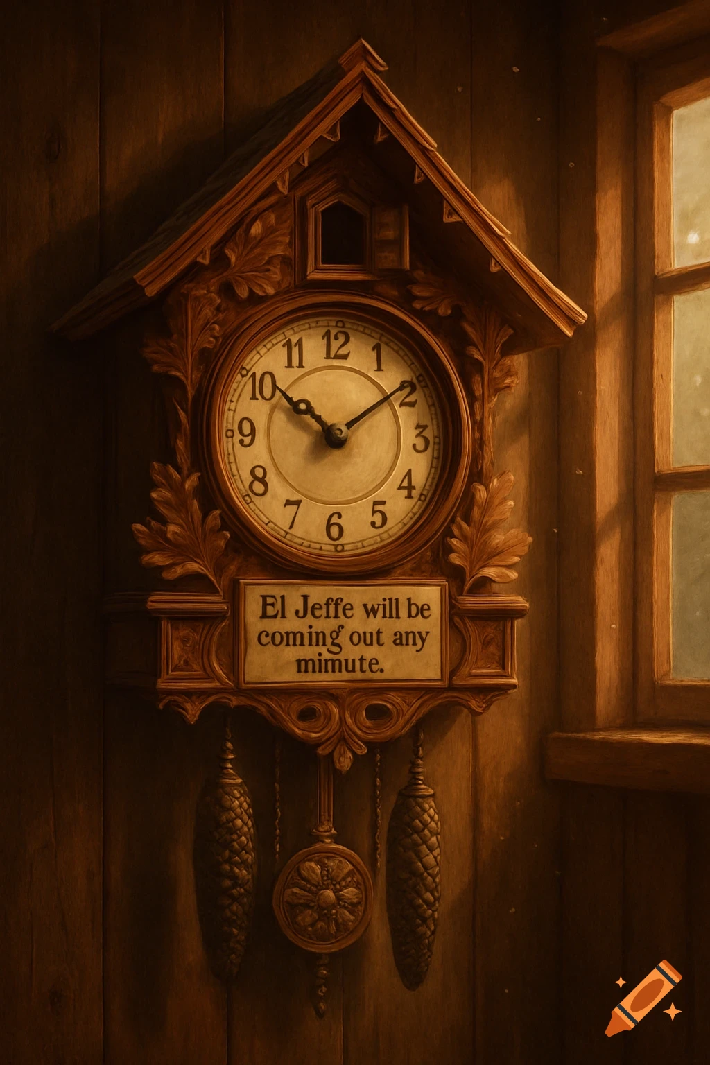 A rustic wooden cuckoo clock with a carved frame hangs on a dark wood wall, displaying a sign that reads 'El Jeffe will be coming out any mimute.'