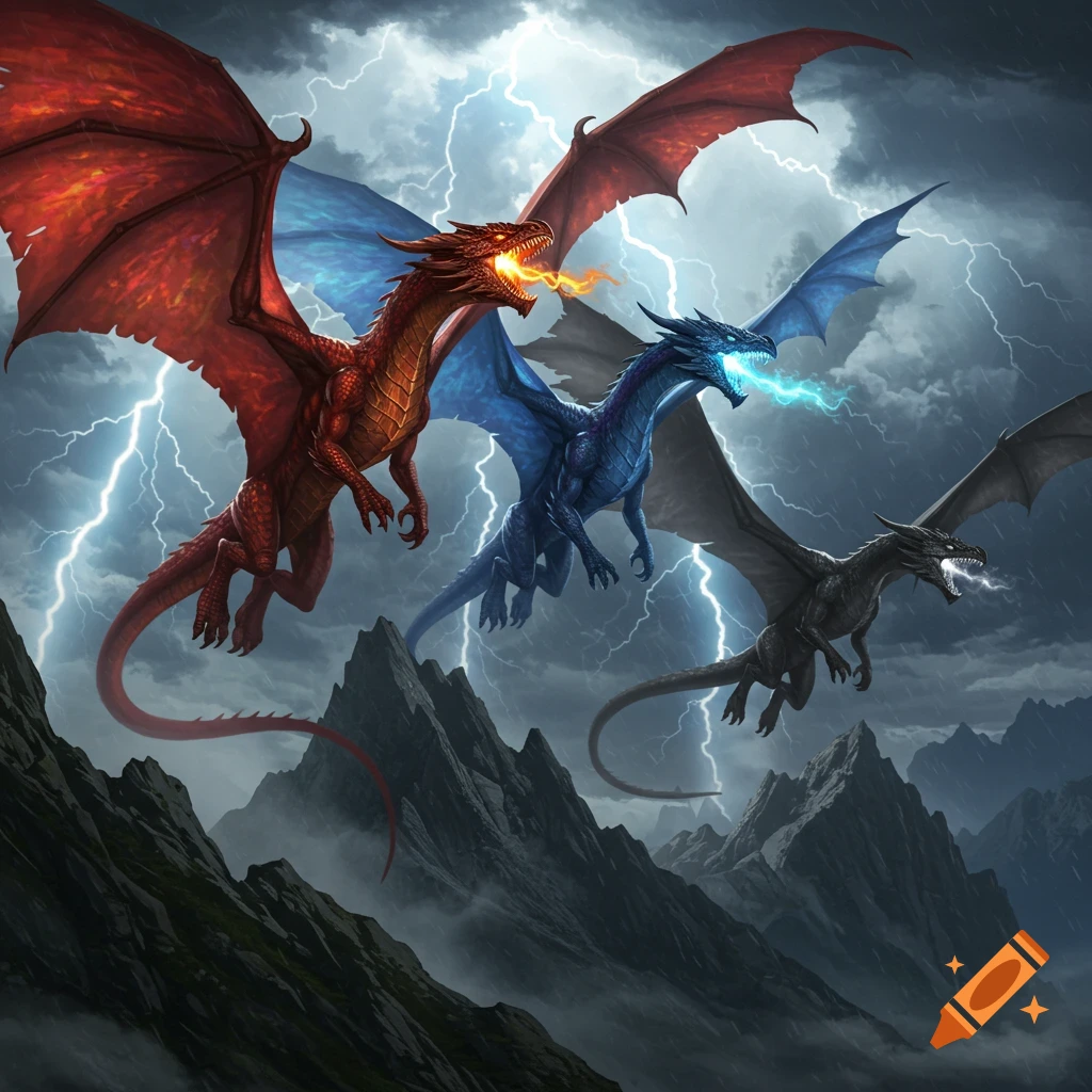 Three dragons, red, blue, and black, fly through a stormy, lightning-filled sky over mountains, breathing fire, ice, and lightning.