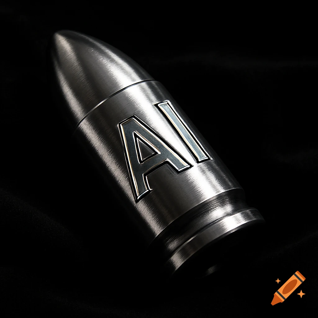 Close-up photorealistic image of a silver bullet with 'AI' engraved on its side against a dark background.