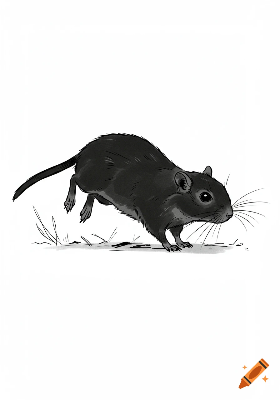 A black gerbil in an outline drawing style, captured mid-leap or crouch on a white background with sparse grass.