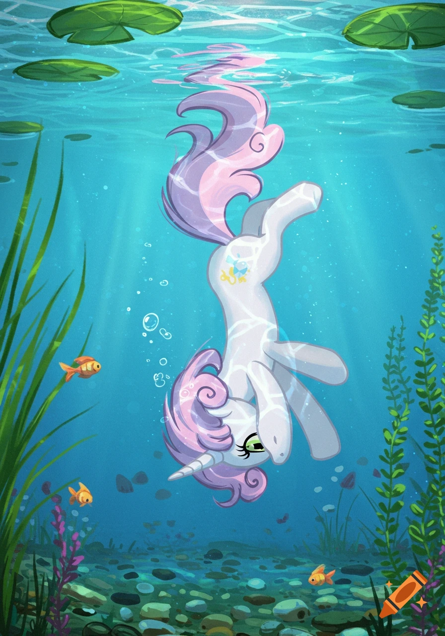A cartoon white unicorn pony floats upside down underwater in a blue pond with lily pads, fish, and plants.