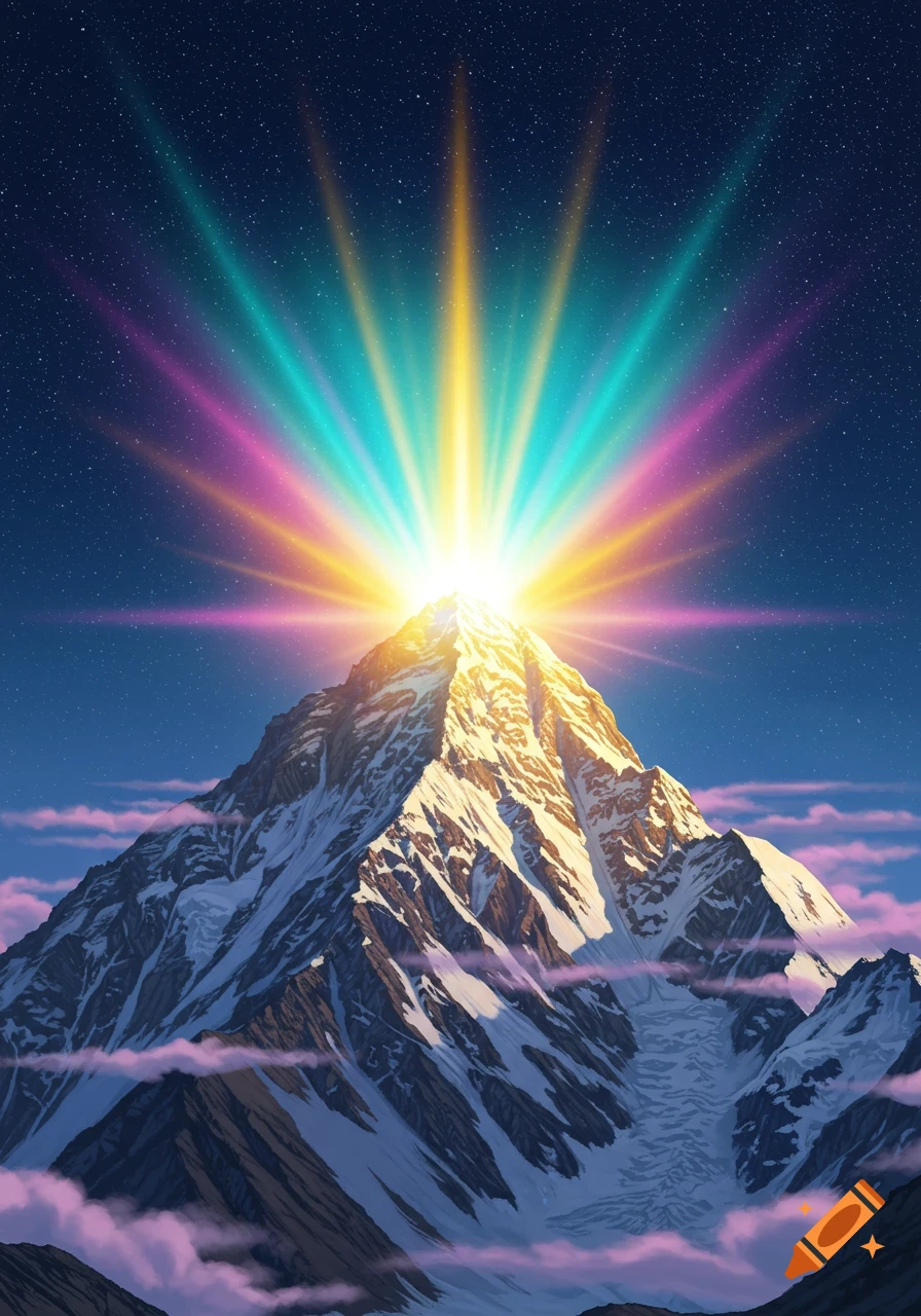 A vibrant, multi-colored light bursts from the snow-capped peak of a mountain under a starry night sky, with pink clouds.