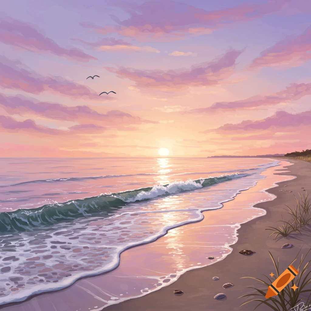 A painting of a beach at sunset with pink and purple clouds, reflecting on the ocean waves and wet sand.
