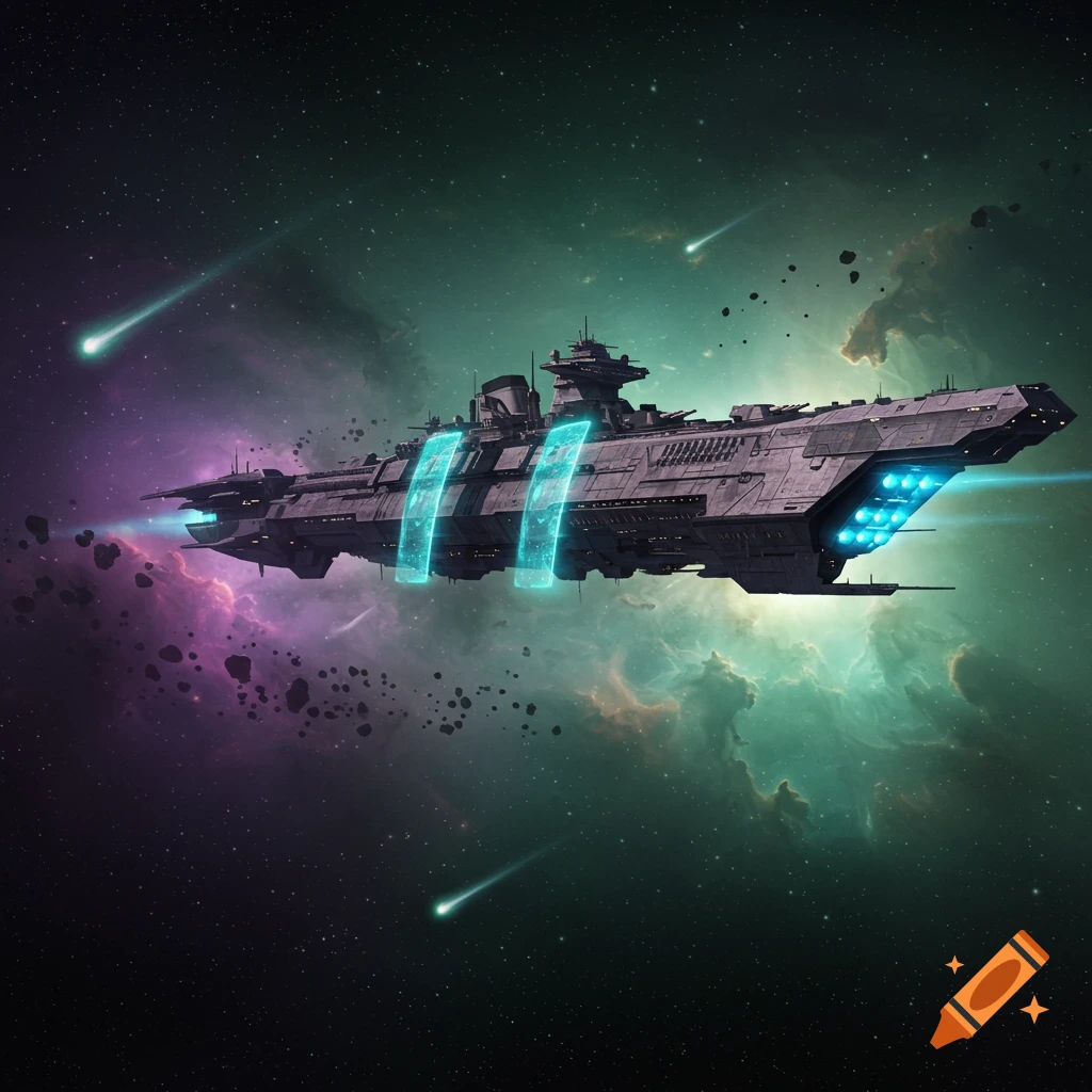 A large, futuristic space warship with glowing blue sections and engines flies through a purple and green nebula, surrounded by asteroids and comets.