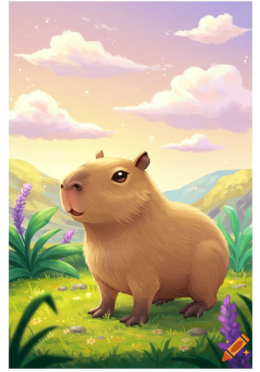 A cute, stylized capybara stands in a grassy field with purple flowers, under a pastel sunset sky with clouds.