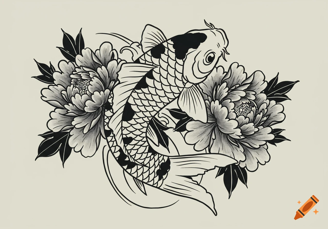 A traditional Japanese tattoo stencil of a koi fish swimming among two peonies in grayscale.