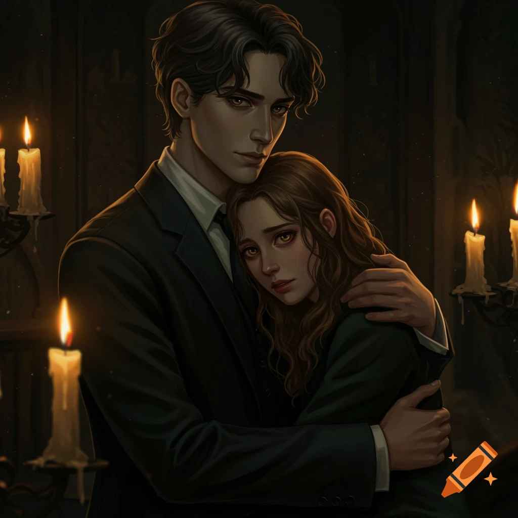 Digital painting of a dark-haired man embracing a brown-haired woman in a dimly lit, candlelit room.
