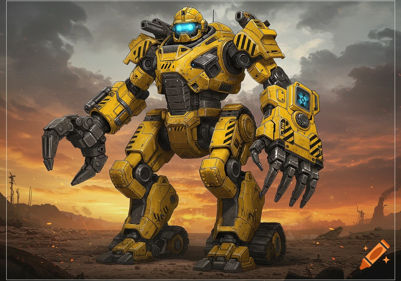 Large yellow bulldozer-like mech robot with hazard stripes standing in a barren, rocky landscape under an orange sky.