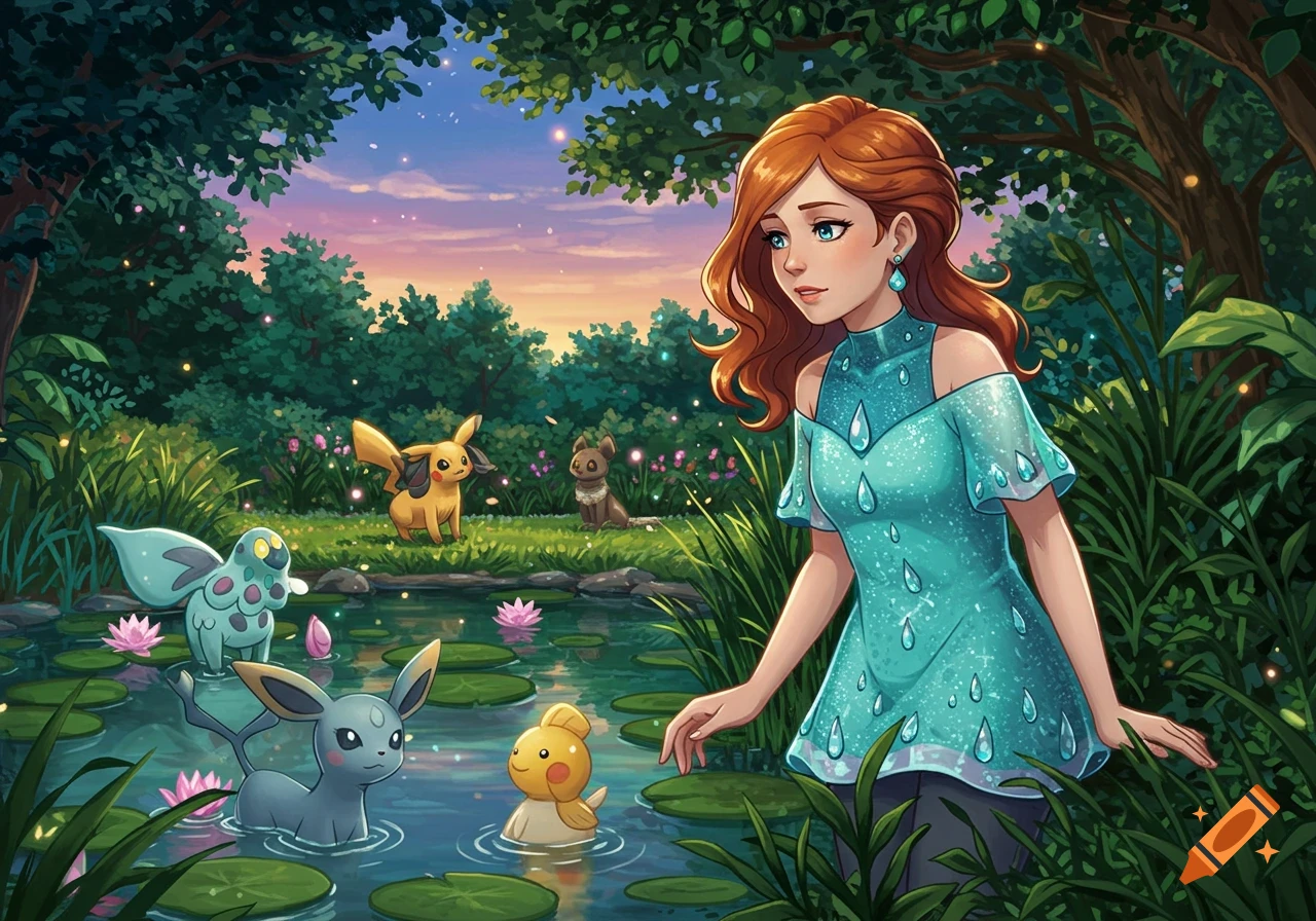An anime illustration of a woman with red hair and blue dress interacting with various Pokemon in a lush forest pond at sunset.