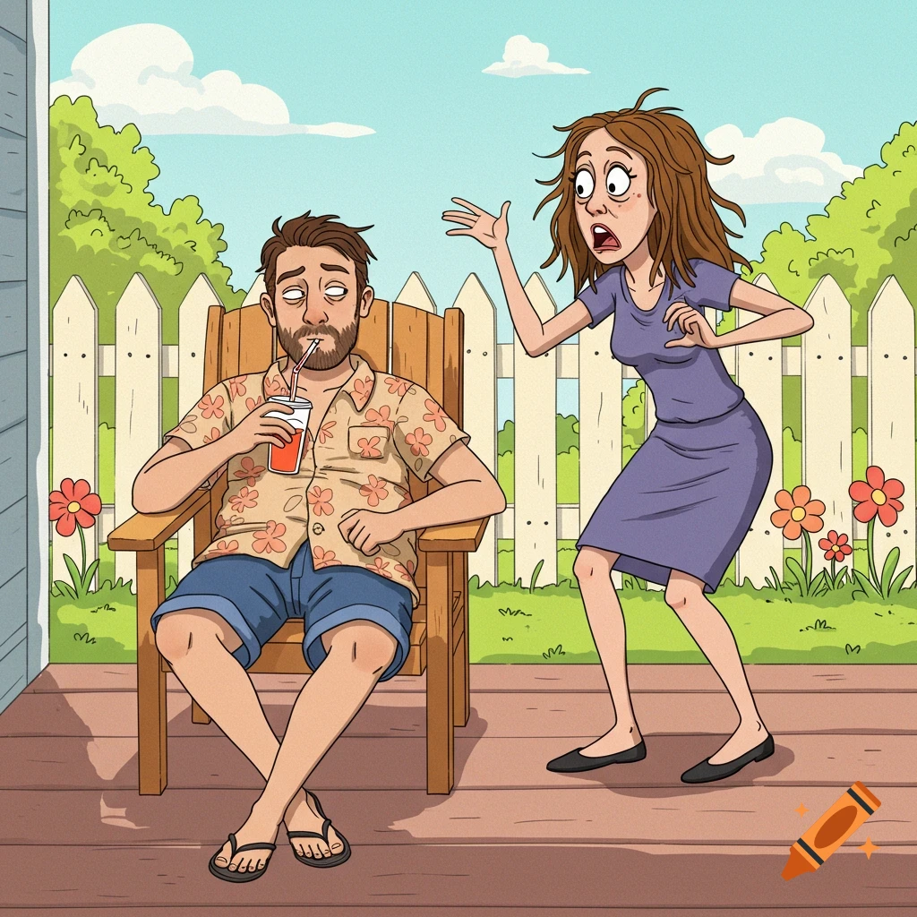 A 2D cartoon shows a dazed man drinking in a chair as a frantic woman gestures beside him in a backyard.