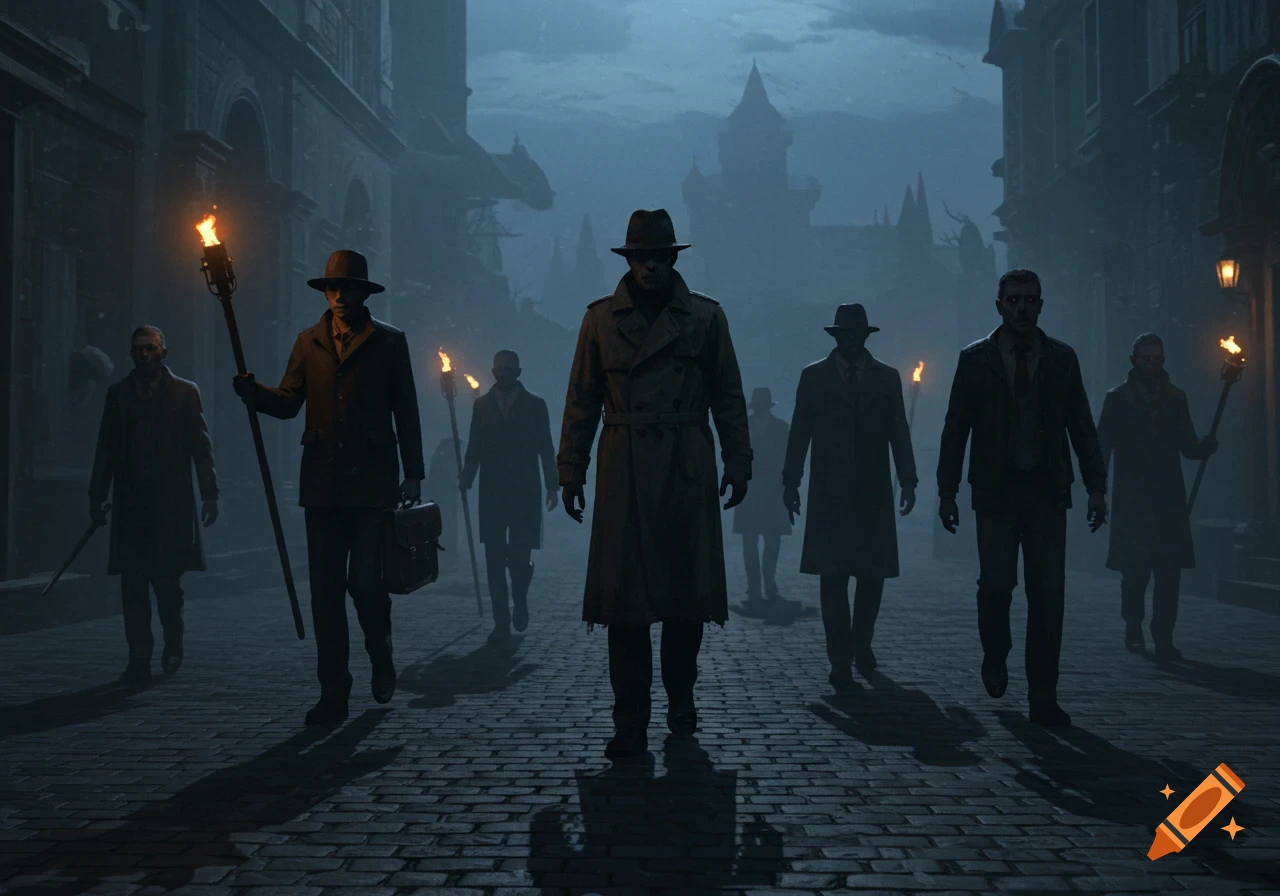 Men in coats and hats, some holding torches, walk down a dark, foggy cobblestone street at night.