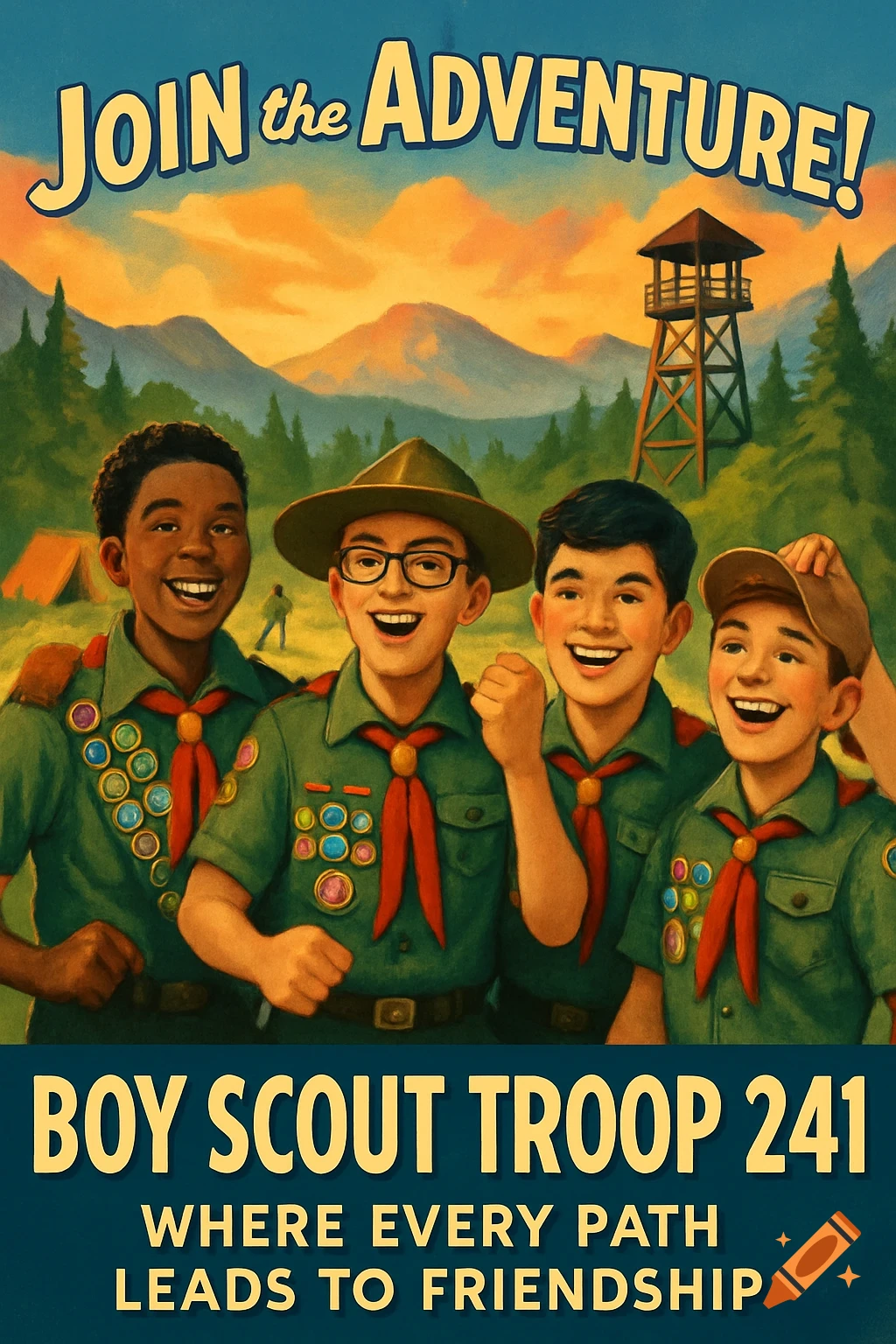 An illustrated recruitment poster for Boy Scout Troop 241, featuring four smiling boys in uniform in a wooded mountain landscape.