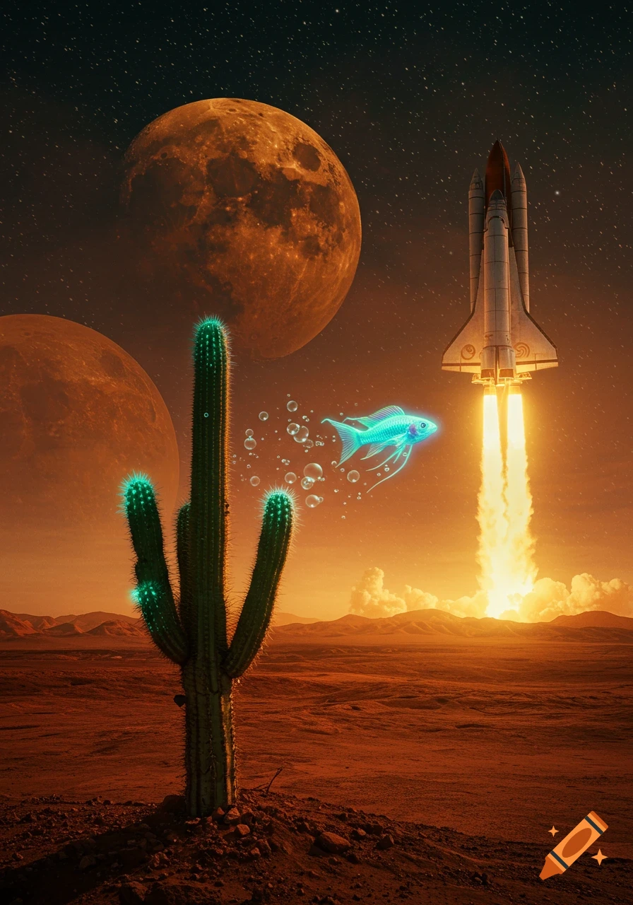 A vibrant, surreal desert landscape with a glowing saguaro cactus, a rocket launching, and a glowing blue fish under a starry alien sky.