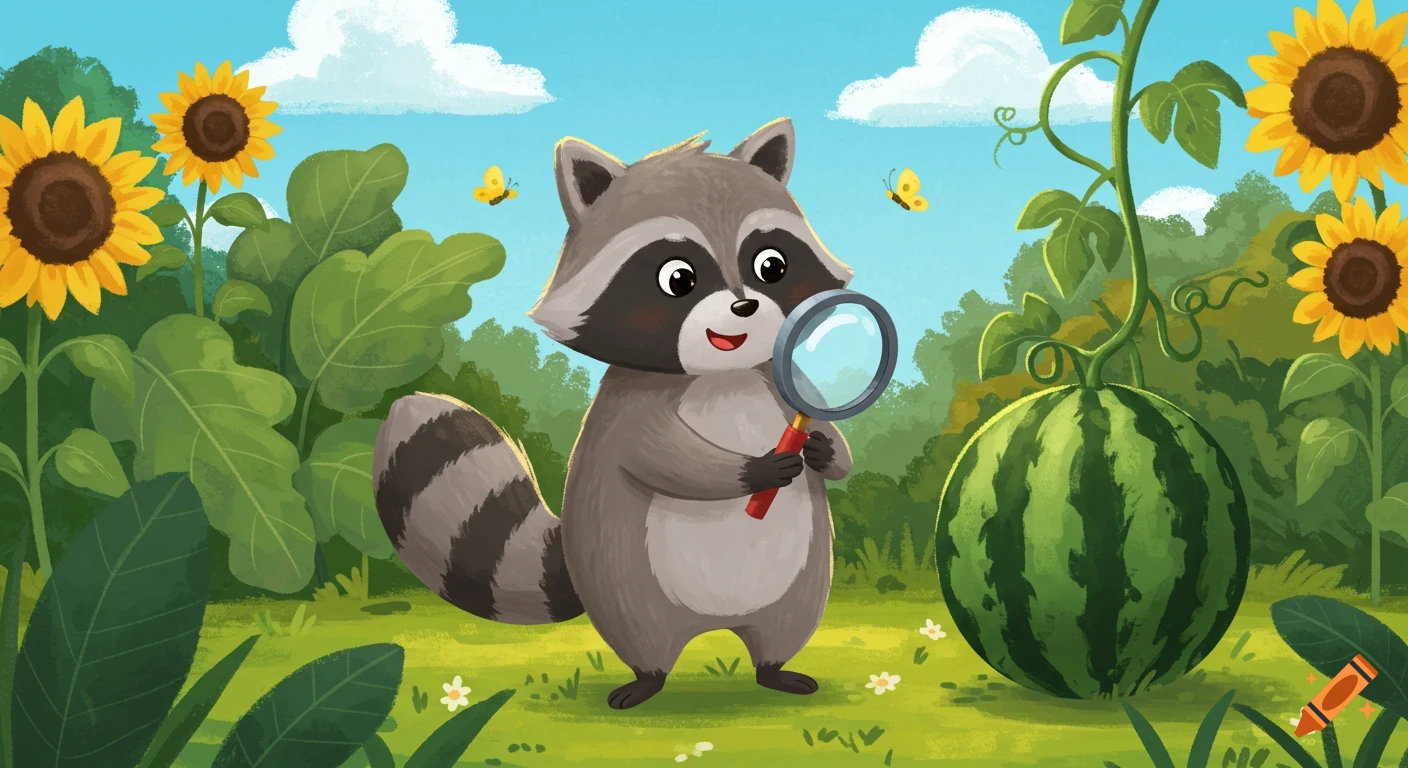 A cute cartoon raccoon holds a magnifying glass near a watermelon in a sunny garden with sunflowers, in storybook illustration style.