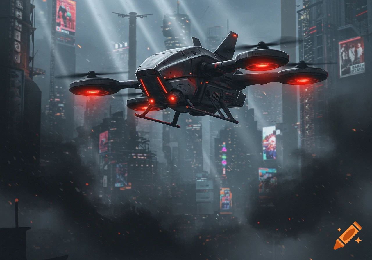 A futuristic quadcopter drone with glowing red lights hovers above a dark, rainy cyberpunk cityscape at night.