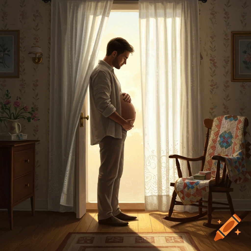 A man with a pregnant belly stands by a sunlit window in a room with a rocking chair and patterned wallpaper.